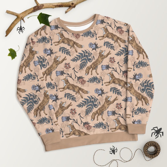 COTTAGECORE Sweatshirt with Fox Flowers & Fern Design, Autumn Forest Sweater, Floral Fox Sweatshirt, Animal Lover Gift