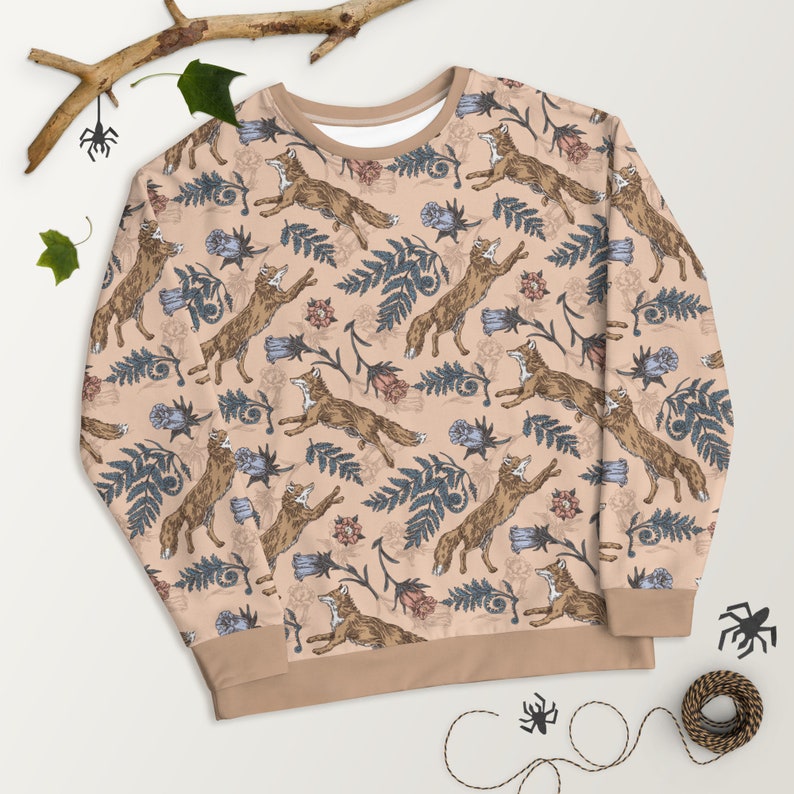 COTTAGECORE Sweatshirt with Fox Flowers & Fern Design, Autumn Forest Sweater, Floral Fox Sweatshirt, Animal Lover Gift