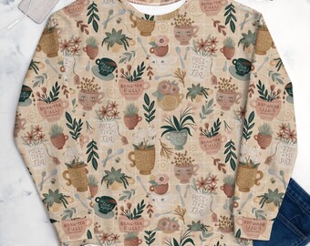 TEA PARTY All over print Recycled Sweatshirt, Floral Tea Cups Crewneck Pullover, Cottagecore Sweater, Garden Lover gift, Plant Mama gift