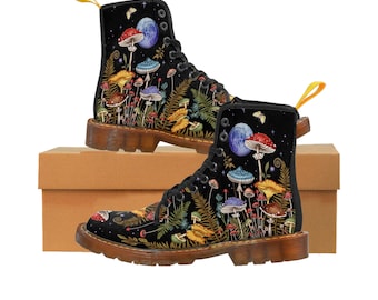 May include: Black leather boots with a colorful mushroom and moon design. The boots have yellow laces and a thick, black sole.