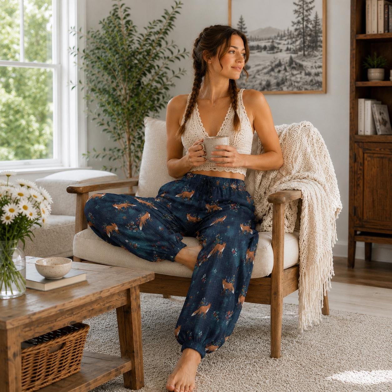 COTTAGECORE FOX Carrot Pants, Floral Fox Relaxed Summer Pants