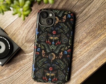 Dark Cottagecore Tough Cell Phone Case with Flowers & Mysticism, Witchy Smartphone Case with Death Head Moth Moon Thistle Echinacea Mushroom