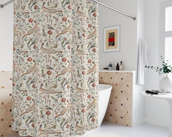 FLORAL BUNNY Shower Curtains, COTTAGECORE Bathroom Decor, Nature inspired Shower Curtains with Rabbits Birds Butterflies Flowers & Mushrooms