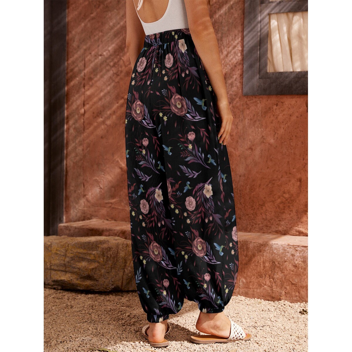 Camellia Flowers Carrot Pants, Dark Florals Loose Boho