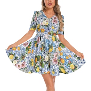 MALTA Short Sleeve Ruched Bust Flared Hem Dress, Italian Blue tiles Midi Length dress with Flowers Lemons and Fruits, Sicily Summer Dress