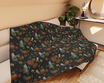 PUMPKIN GHOST Sherpa Blanket, Cute Fall Ghouls Throw Blanket, Mystical Autumn Sofa blanket, Dark Cottagecore Couch Blanket, Witchy Blanket