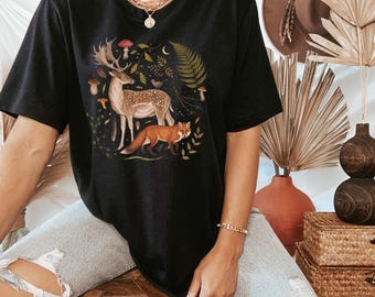 FORESTCORE T-shirt with Deer Fox & Mushrooms design, Woodland Shirt, Animal Lovers Gift, Cottagecore shirt, Forest Animal tshirt, Witchy tee