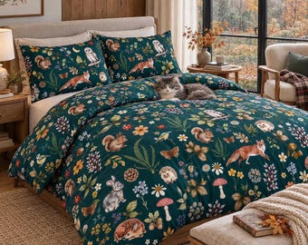 WHIMSICAL WOODLAND Double-sided 3 piece bedding set with Fox Deer Hare Squirrel Owl & foliage design, Forest Animals Duvet Cover Pillowcases