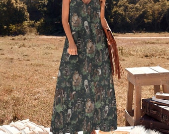 FOREST ANIMALS Sling Dress with Fox Deer Owl Rabbit Squirrel Raccoon & Bird print, Dark Cottagecore Ankle Length Sling Dress, Woodland dress