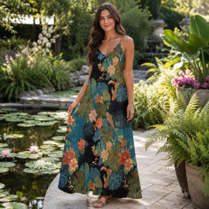 May include: A floor-length maxi dress featuring a dark background with a vibrant print of orange and pink lotus flowers, green lily pads, and koi fish. The dress has thin spaghetti straps, a V-neckline, and a flowing, relaxed silhouette.