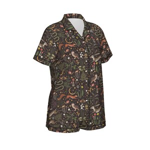 FAIRY FOREST Women’s 2 piece pajama set with Animals Owl Moon Moth Mushrooms & Wildflowers, Mystical Woodland Nightwear, Fall themed pj imagen 4