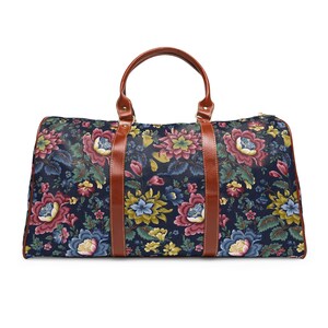 FLORAL BLOOMS Midnight Blue Waterproof Travel Bag, Cottagecore Duffle Bag, Boho Flowers Overnight Weekender Bag, Carry on Flight Luggage Bag