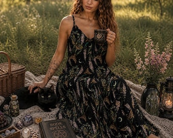 Death Head Hawkmoth Maxi Dress, Witchy Floral Sundress, Dark Cottagecore Dress, Mystical Moth Dress, Whimsigoth Outfit, Botanical Moon Dress