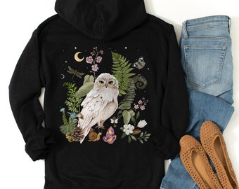 MYSTICAL WHITE OWL Full Zip Up Hoodie, Magical Floral Snowy Owl Hoodie, Forest Bird Cottagecore Sweater, Nature Shirt for Animal Lover