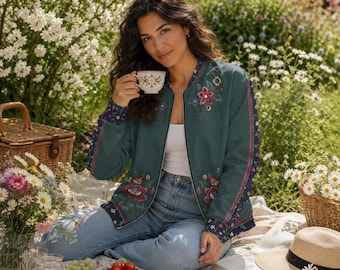 FLORAL BLOOMS Bomber Jacket, Bohemian Flowers Zip Up Jacket, Green Sweatshirt, Cottagecore Clothing, Floral Bomber Jacket