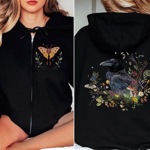 RAVEN Zip Up Hoodie, BLACK CROW Hooded Sweatshirt, Dark Cottagecore Shirt, Witchy Zipper, Bird watching Hoodie, Mystical Clothing