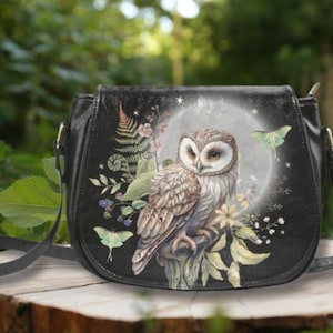 MYSTICAL Owl and Luna Moth Crossbody Saddle Bag, Forestcore PU Leather Bag, Witchy Purse, Owl Handbag, Nature Bag, Woodland Messenger Bag