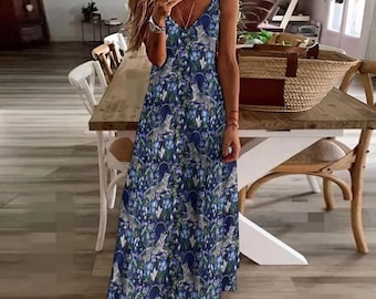Vestido bandolera MYSTICAL WOLF, vestido bohemio estilo bruja con estampado de lobo de luna llena y flores nocturnas, vestido estilo cottagecore oscuro, vestido casual hasta el tobillo