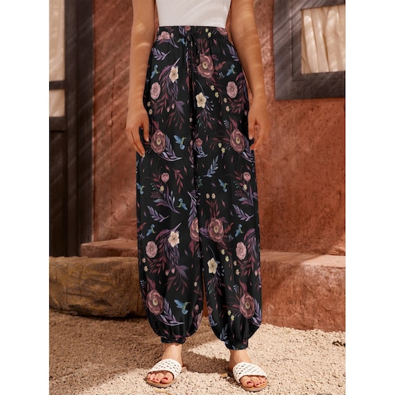 Camellia Flowers Carrot Pants, Dark Florals Loose Boho