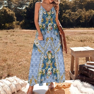 SICILIAN Sling Dress, Italian Vacations Ankle Length Sundress, Mediterranean tiles Maxi Dress, Sicily inspired Sun Dress, Gift for Wife