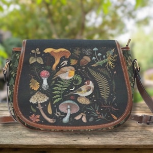 ENCHANTED FOREST Waterproof Cottagecore Canvas Saddle Bag, BIRD Songs Mushrooms Fly Agaric Fern Crossbody Bag Mystical Woodland Shoulder Bag