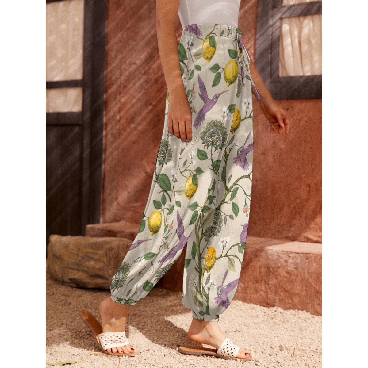 FLORAL BIRDS Casual Loose Boho Trousers, Lemons Carrot Pants