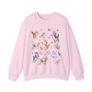 COQUETTE KITTENS Sweatshirt, COTTAGECORE Sweater, Cute Cats Shirt, Boho Floral Shirt, Spring Sweatshirt, Nature Lover gift, Cat Lover Gift Light Pink