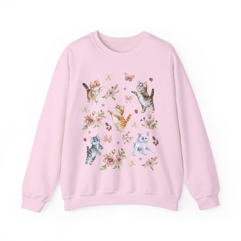 COQUETTE KITTENS Sweatshirt, COTTAGECORE Sweater, Cute Cats Shirt, Boho Floral Shirt, Spring Sweatshirt, Nature Lover gift, Cat Lover Gift Light Pink