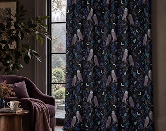May include: A floor-length curtain featuring a repeating pattern of owls perched on branches, interspersed with crescent moons, small blue crystals, and dark blue foliage against a solid black background, creating a nocturnal forest theme.