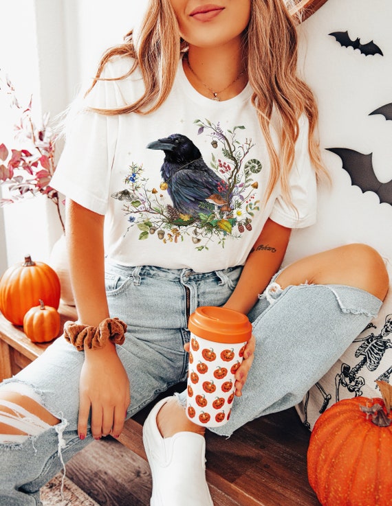 RAVEN T-shirt, Black Crow Shirt, Dark Cottagecore Tee, Witchy Shirt, Bird watching Shirt, Mystical Clothing, Fall Forest Tee, Autumn Shirt