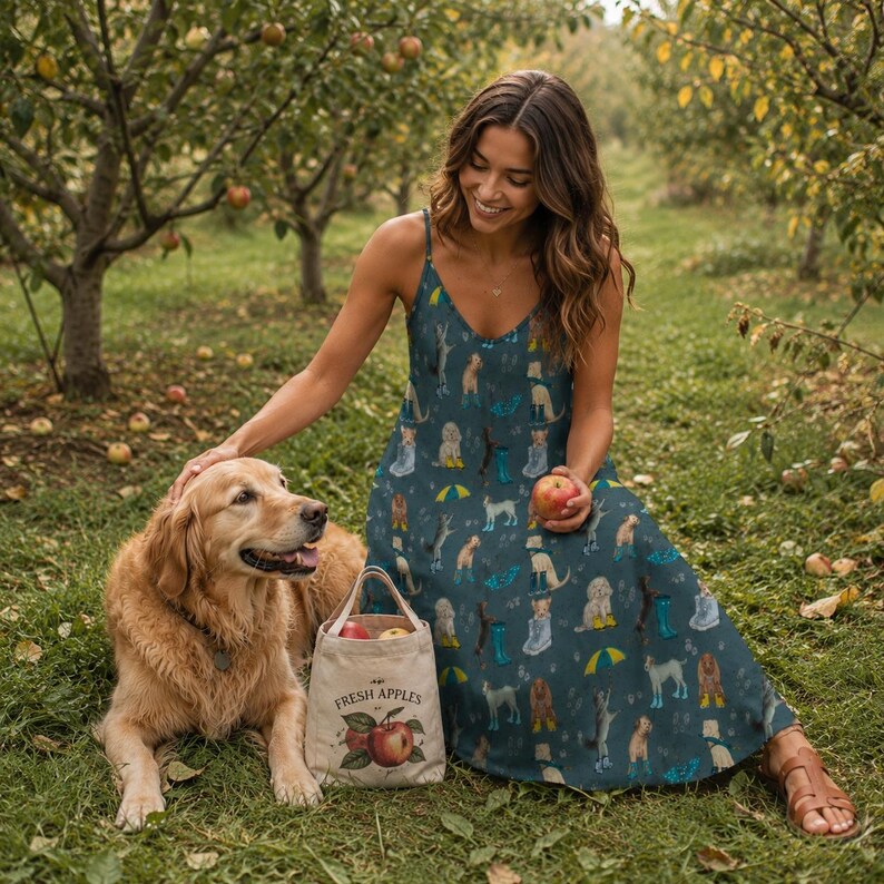 CUTE DOGS Sling Dress, Rain Puppies Ankle Length Sling Dress, Garden Party Style Maxi Dress, Cottagecore Sundress, Dog Mama Gift, Fall Dress immagine 8