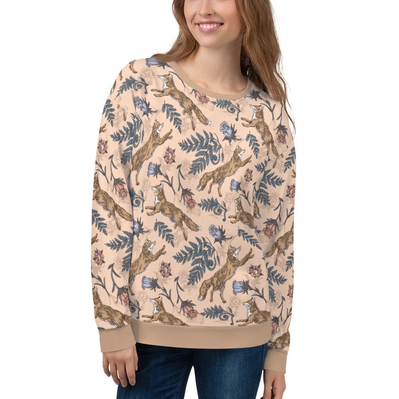 COTTAGECORE Sweatshirt with Fox Flowers & Fern Design, Autumn Forest Sweater, Floral Fox Sweatshirt, Animal Lover Gift