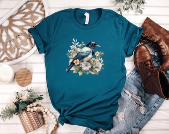MAGPIE T-shirt, Forest Bird Shirt, Nature inspired Shirt, Cottagecore shirt, Bird Watching shirt, Floral Magpie Tee, Wildlife shirt