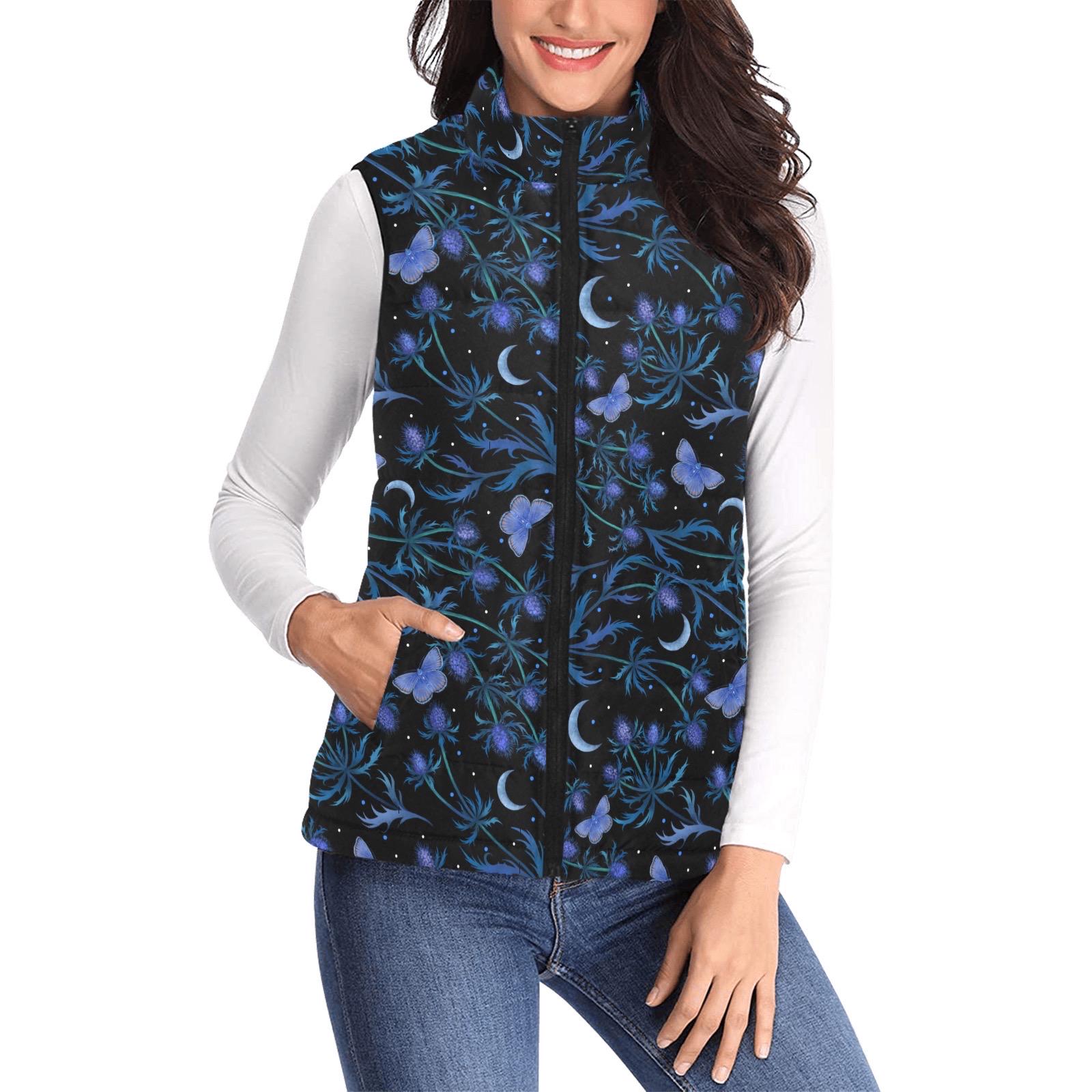 Blue Butterflies and Thistle Flowers Women's Puffer Vest, Dark