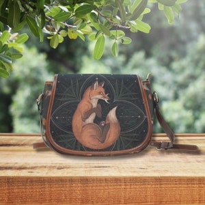AUTUMN FOREST MYSTICAL Saddle Bag, Cottagecore Saddle Bag with Sleeping Fox and Mushrooms Print, Woodland Waterproof Canvas Crossbody Purse