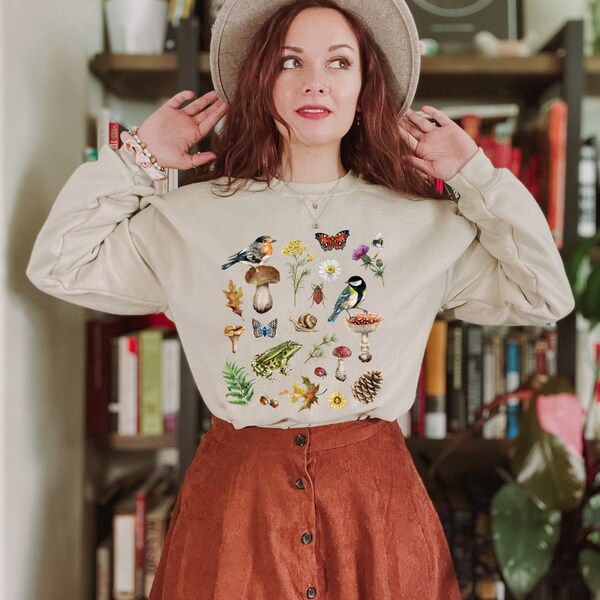 NATURE Sweatshirt with Birds Mushrooms Butterflies Wildflowers Frog & Insects, Cottagecore Shirt, Nature Lovers gift, Forestcore Sweatshirt