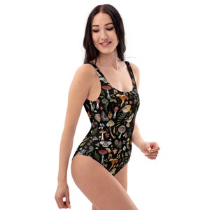 ENCHANTED FOREST One-piece Swimsuit with Birds Butterflies Mushrooms Fern Print, Botanical Swimming Suit, Mystical Woodland Swimsuit