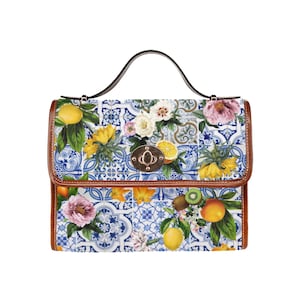 MALTA Satchel Handbag, Mediterranean Tiles Citrus & Flowers Waterproof Canvas Bag, Sicily Bag, Italian Mosaic Crossbody Purse, Majolica bag