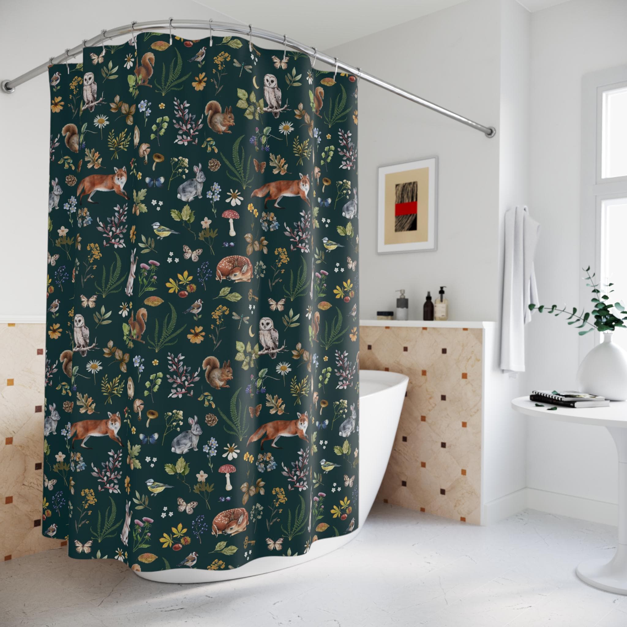 Whimsical Woodland Shower Curtains with Fox Deer Hare Squirrel Owl…