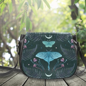 LUNA MOTH DANCE Crossbody Saddle Bag, Mystical Shoulder Bag, Fairycore Vegan Leather Bag, Witchy Crossbody Purse, Moon Moth Messenger Bag