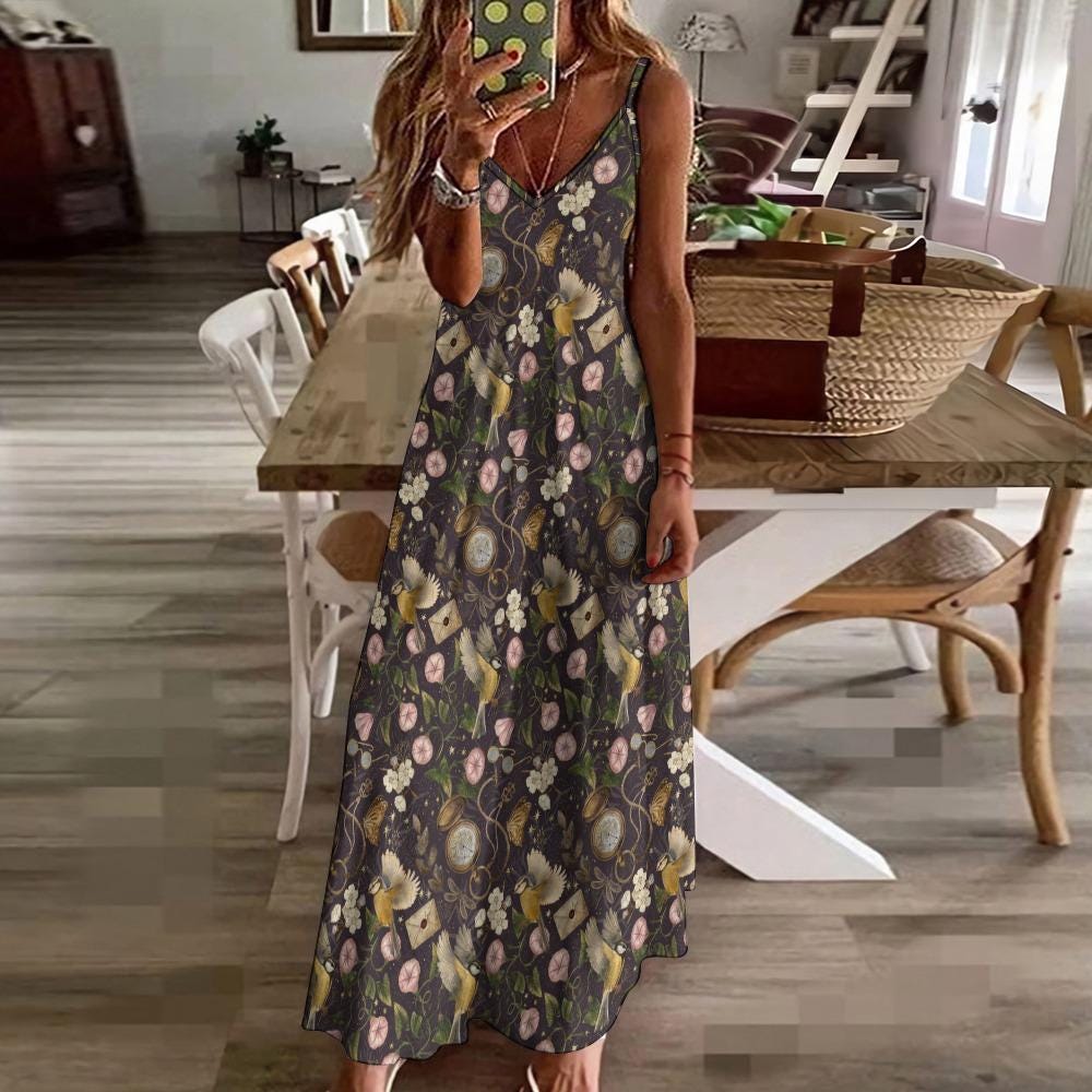 SECRET GARDEN Sling Dress with Blue Tits Bindweed Flowers & Magic, Floral Birds Dress, Fairycore Maxi Dress, Cottagecore Ankle Length dress