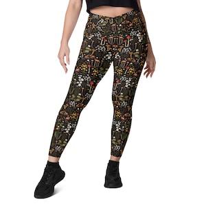 FAIRY FOREST Crossover Leggings with POCKETS with Moon Moth Snail Mushrooms & Wildflowers, Mystical Yoga Leggings, Floral Athletic Leggings