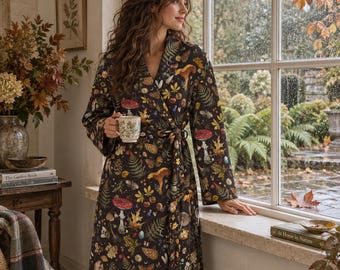 May include: A long-sleeved robe in a dark brown fabric featuring a repeating pattern of colorful mushrooms, ferns, autumn leaves, and small forest creatures. The robe has a wide collar, a wrap-around front, and a matching tie belt at the waist.