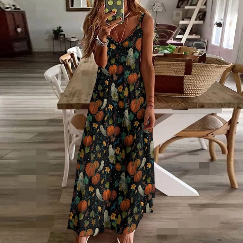 PUMPKIN GHOST Spaghetti Straps Maxi Dress, Boho Witchy Sling Dress, Fall inspired Ankle Length Sundress, Pumpkin Patch Halloween Dress image 2