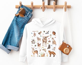 Cute FOREST ANIMALs Toddler Pullover Fleece Hoodie, Woodland Wild Animals Sweater for Children, Wildlife Hoodie for Kids