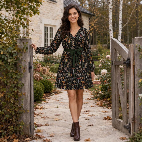 boho witch dress ENCHANTED FOREST Long Sleeved With Birds Mushrooms Fern and Plants Print, Magical Woodland Dress, Dress, Dark Cottagecore Designed with a plunging Category_Short Homecoming Dresses A.L.C. Green Lincoln Pleated Dress Style:Halter Neck