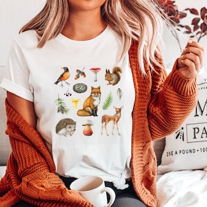 FOREST ANIMALS T-shirt, Woodland Friends Shirt, Animal Lovers Gift, Cottagecore Shirt with Red Fox Squirrel Deer Hedgehog Bird & Mushrooms