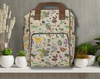 Sac à dos à langer magique, oiseaux et animaux des bois, champignons, gobelincore, sac à langer de la faune de la forêt, sac botanique féerique grunge, vintage