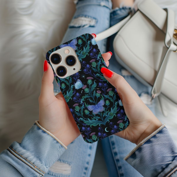 Estuche protector resistente para teléfono celular MAGICAL Blue MOTH & THISTLE, estuche floral Cottagecore para teléfono inteligente, iPhone, Google Pixel, Samsung Galaxy