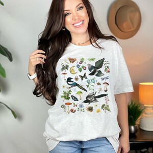 WOODLAND Shirt with MAGPIES MUSHROOMS Butterflies Moth Bindweed Wildflowers & Forest Plants, Botanical Tee for Nature Lovers Gift Ash